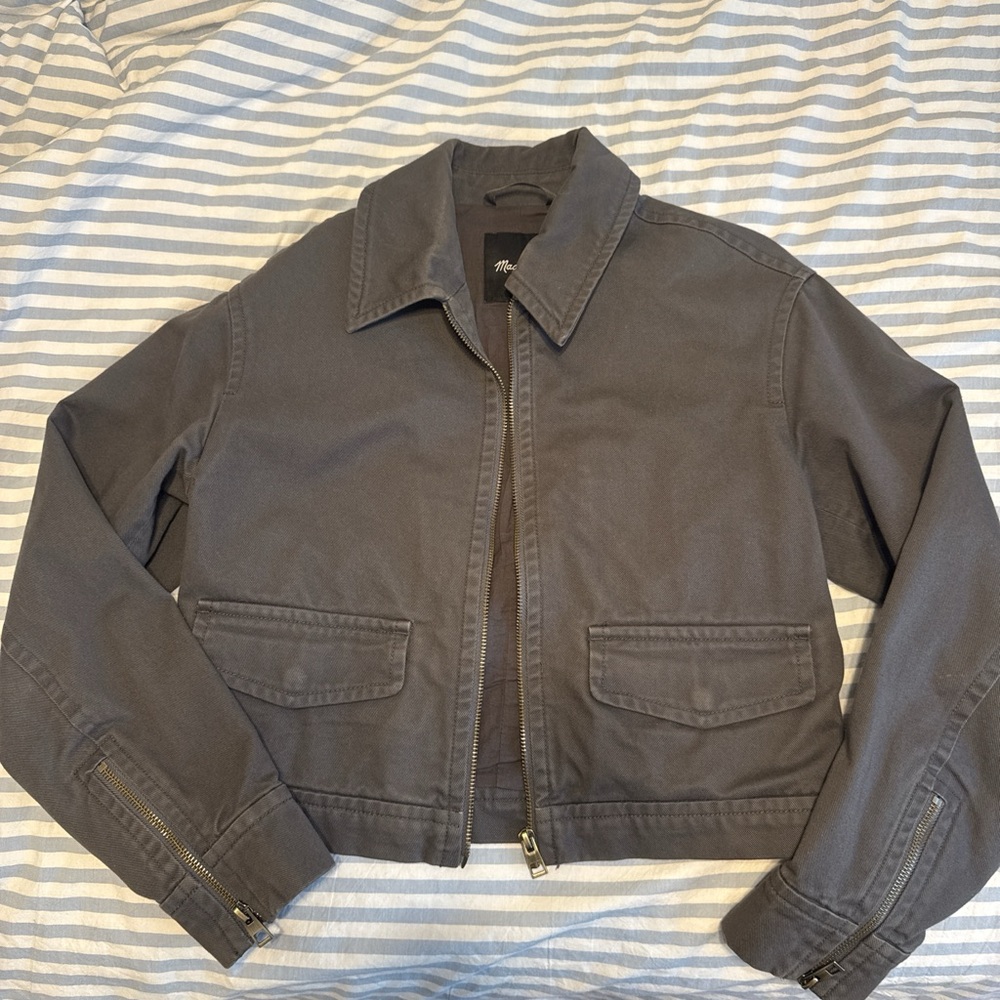 Madewell Gray Cropped Zip Bomber Jacket